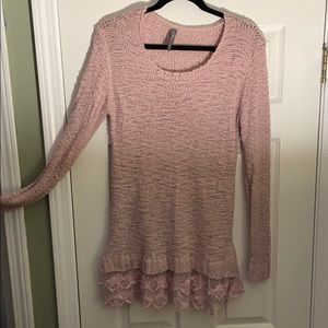 Pink sweater with ruffled/lace hem